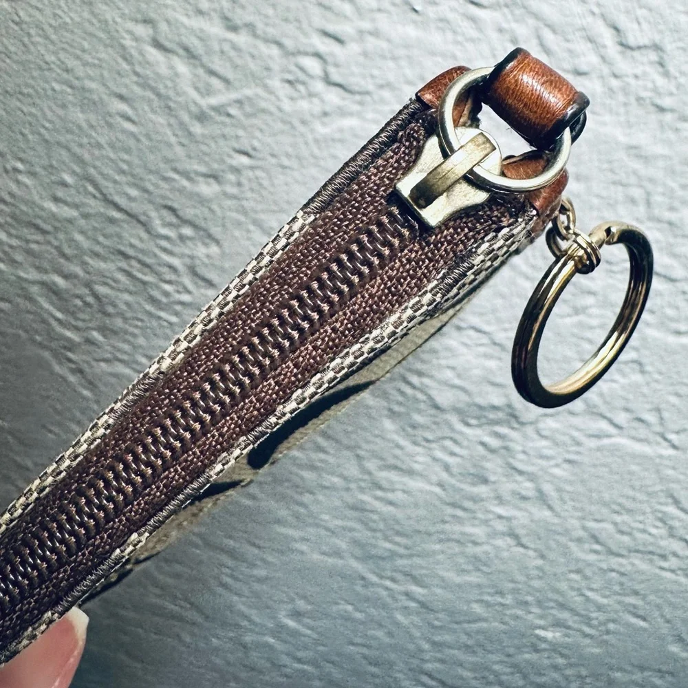 Coach Tan Signature Canvas with Leather Mini Zip Coin Card Case W/ Key Ring - Picture 8 of 12